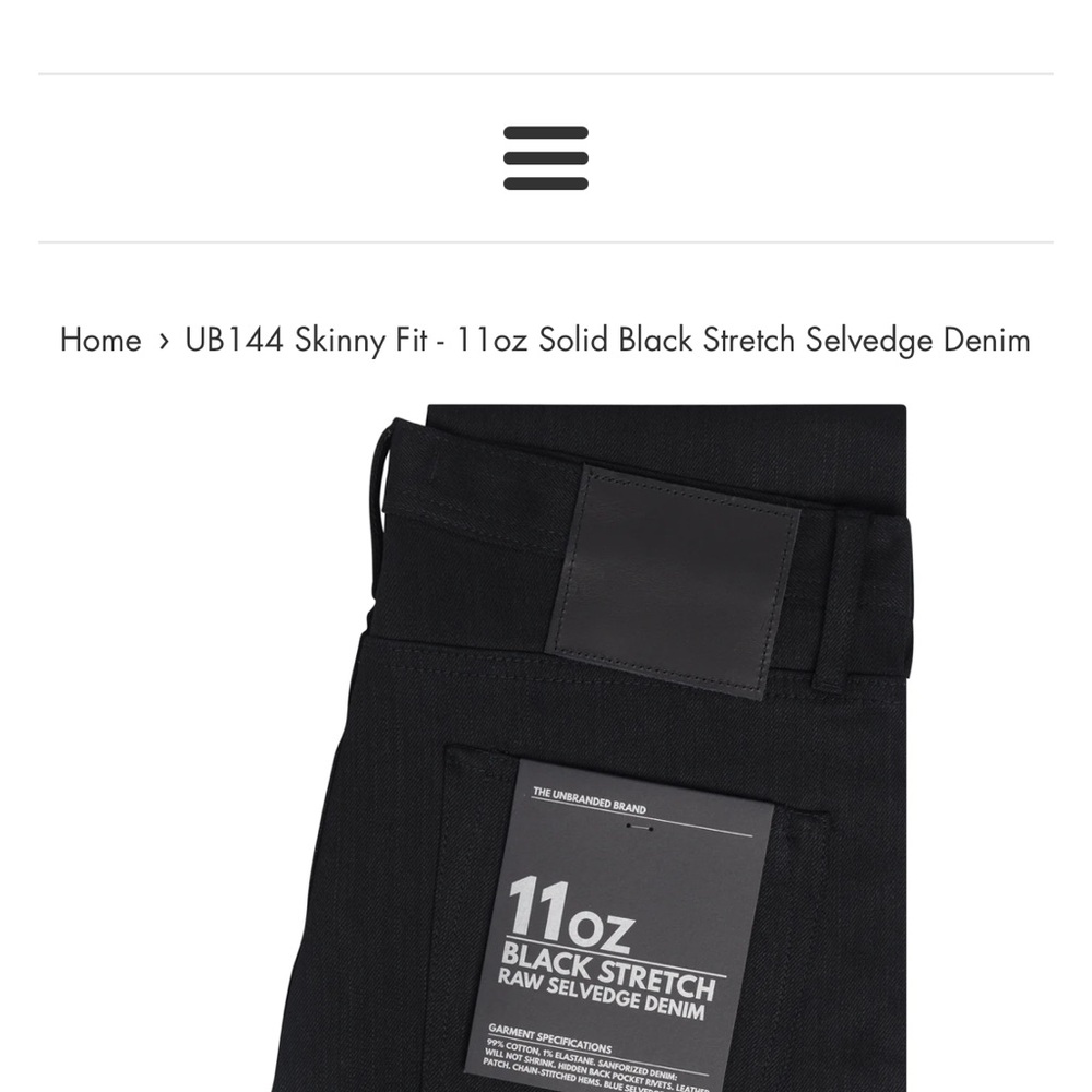 The Unbranded Brand UB144 Skinny Fit - 11oz Solid Black Stretch Selvedge Denim